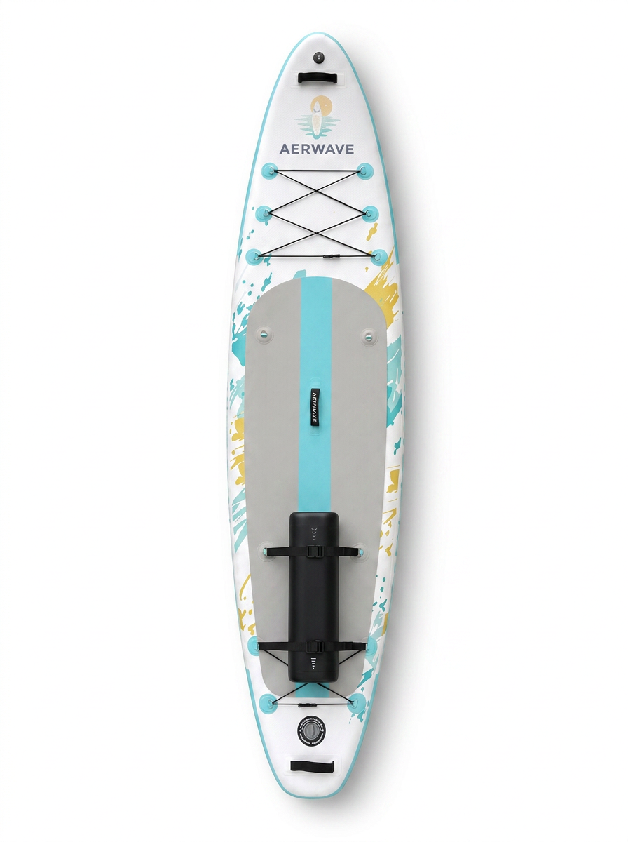 AerWave board with the GlideAssist battery strapped to the rear of the deck