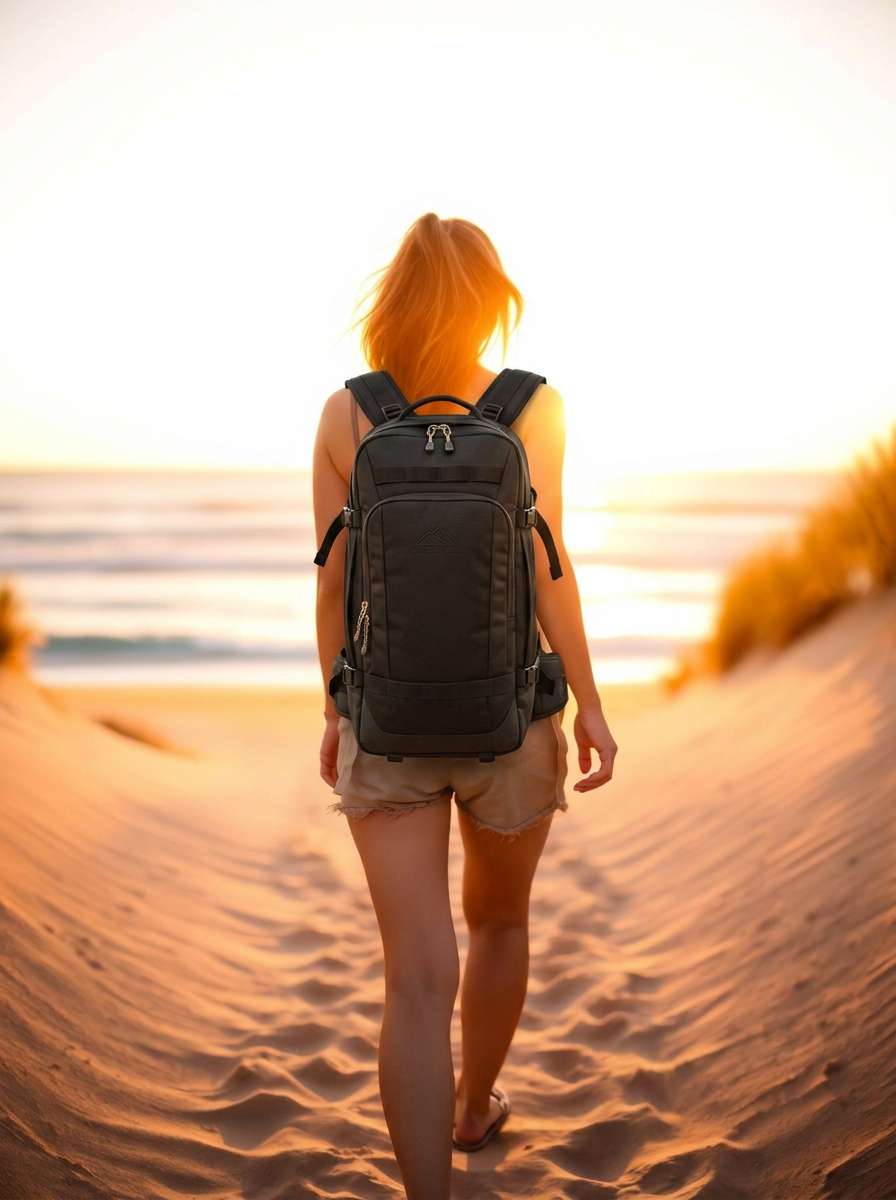 Rider carrying the AerWave travel backpack down to the water